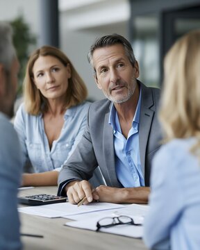 Financial advisor consulting clients across a modern office desk, reviewing legal documents, calculator, eyeglasses, professional financial planning, insurance consultation, mortgage application,