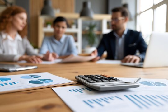 Corporate financial audit meeting with accountants reviewing reports, calculator, printed documents, modern conference office, realistic business teamwork, premium stock photography