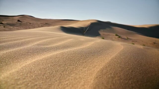 Desert sand dunes shifting under sunlight, showcasing natural patterns and textures