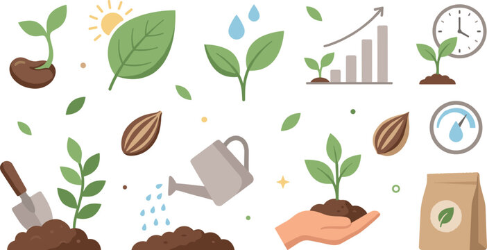 Plant growth and gardening flat vector icon set featuring seed germination watering pot and farming,