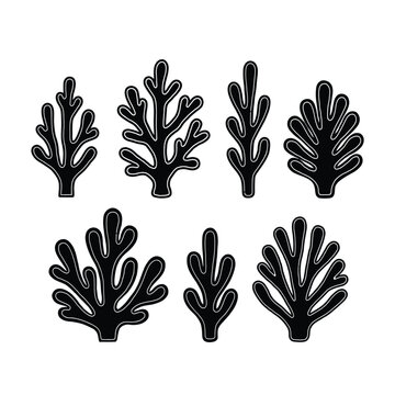 Conjunto de siluetas negras de coral y algas marinas