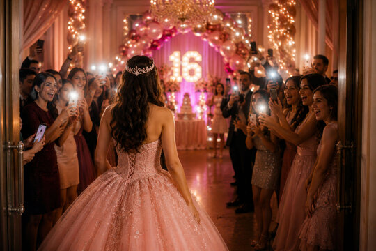 Sweet Sixteen Girl Making a Grand Entrance in a Sparkling Pink Ball Gown as Excited Guests Welcome Her and Record the Birthday Celebration With Smartphones