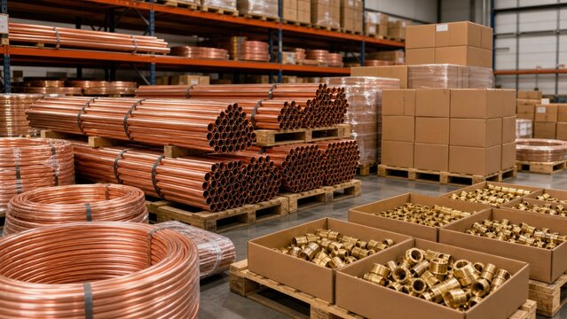Copper pipes and brass fittings stored in a warehouse for plumbing supplies