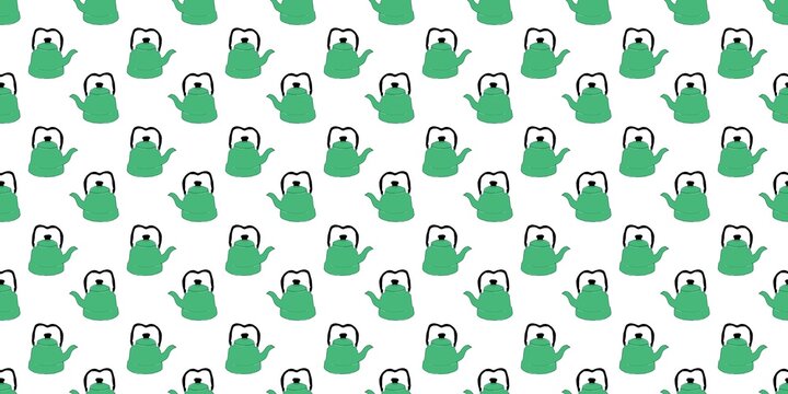 Seamless pattern of green kettles on white background. Hand drawn doodle illustration for kitchenware, textile, wallpaper, wrapping paper