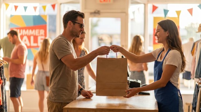 Customer Receives Shopping Bag at Store for Summer Bank Holiday