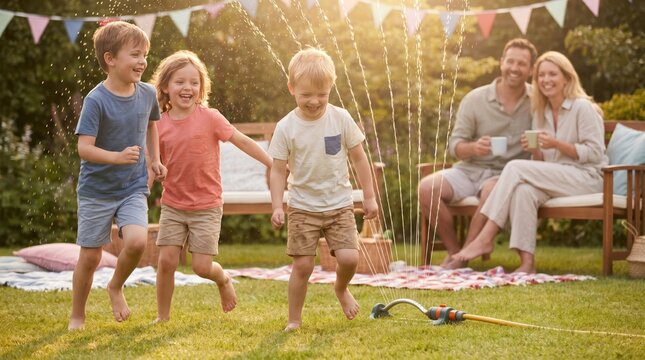 Children Joyfully Play in Garden Sprinkler on Summer Bank Holiday