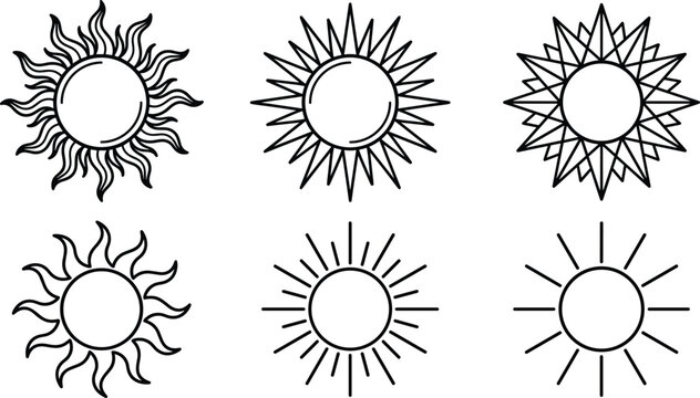 Sun Icon Line Art Set Featuring Celestial Tribal Geometric Minimalist Rays and Summer Weather Symbols Isolated on White Background for Brand Logo Designs