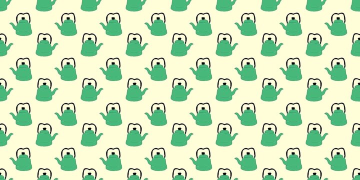 Seamless pattern of green kettles on light yellow background. Doodle illustration for kitchenware, textile, wallpaper, wrapping paper