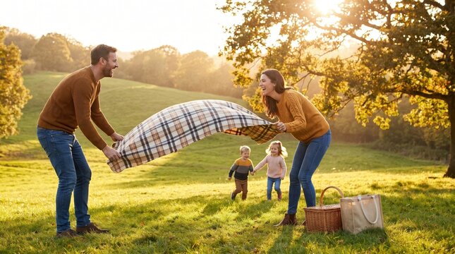 Family enjoying a picnic on Summer Bank Holiday in a meadow