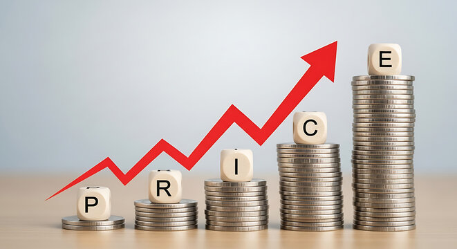 3D growth chart with coins and percentage blocks showing financial success and investment returns