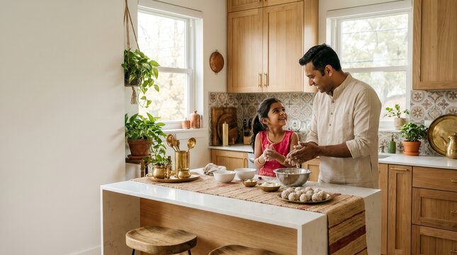 Father and Daughter Preparing Food Together in a Kitchen, Celebrating India Independence Day