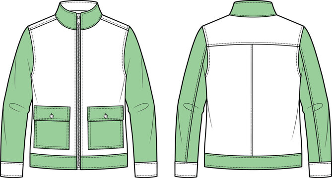 Blank color block zip up jacket vector mockup template front back view fashion flat sketch