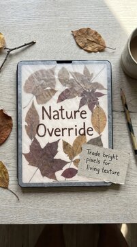 E-reader displaying nature-themed message amidst pressed autumn leaves for a Digital Detox