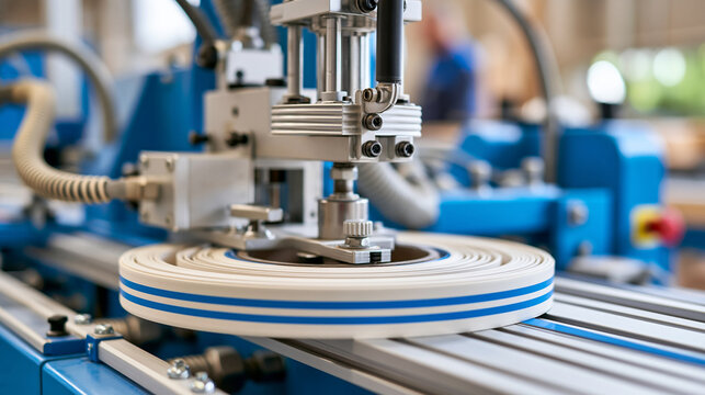 Edging PVC cutter machine with a coil of melamine edge for furniture production, PVC edging, cutter machine, melamine edge, furniture production, manufacturing detail, with copy