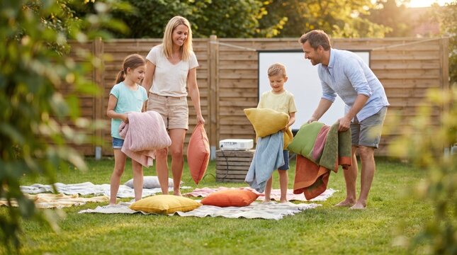 Family Setting Up for Outdoor Cinema on Summer Bank Holiday