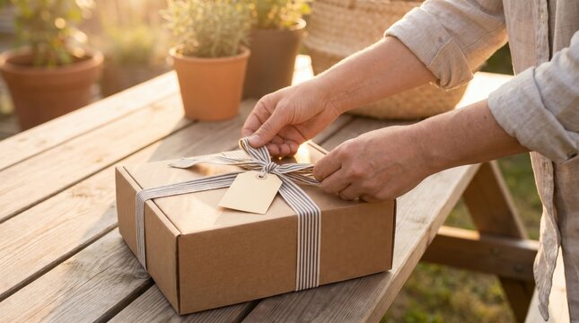 Hands Wrapping a Gift Box for Summer Bank Holiday