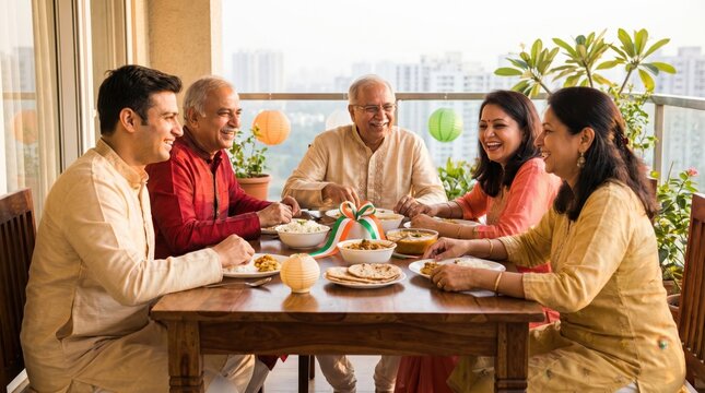 Indian Family Celebrating India's Independence Day with a Festive Meal and Tricolor Decor