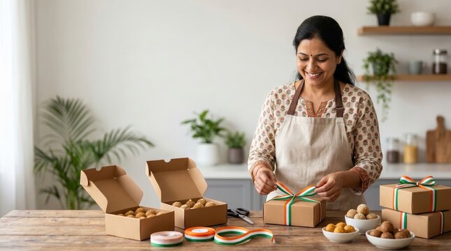 Indian Woman Wrapping Festive Sweets with Tricolor Ribbon for India's Independence Day Celebration