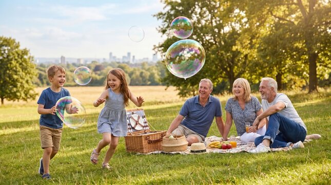 Children Play with Bubbles During Summer Bank Holiday Picnic