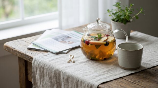 Glass teapot with fruit tea and mint for World Lungs Day