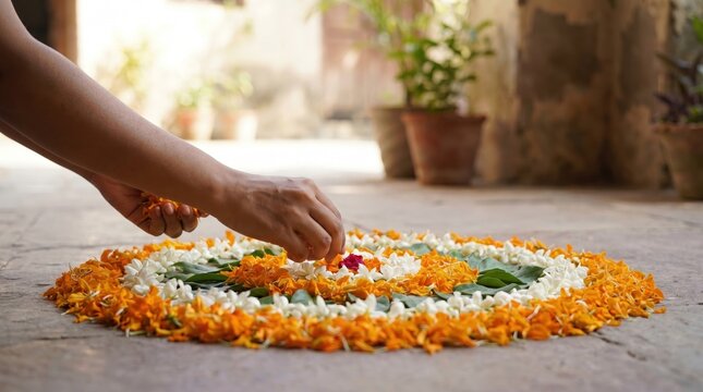 Hands Creating Vibrant Flower Rangoli for India's Independence Day Celebration