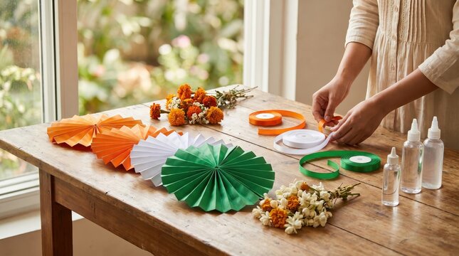Hands crafting tricolor paper fans for India's Independence Day celebration on a wooden table