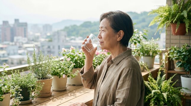 Woman Drinks Water on Balcony, World Lungs Day Hydration
