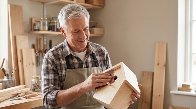Senior Citizen Day: Retired Man Crafts Birdhouse in Workshop