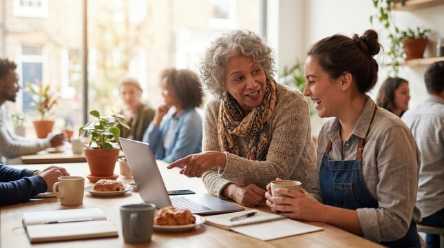 Senior Woman Mentors Younger Woman Using Laptop for Senior Citizen Day