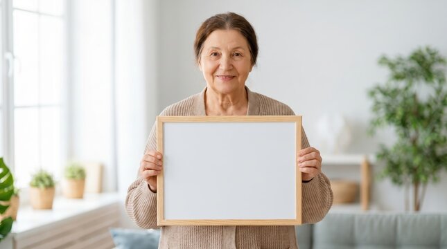 Senior Woman Holds Blank Whiteboard for Senior Citizen Day Message