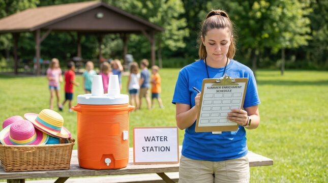 Summer Childcare Leader Checks Activity Schedules at Water Station