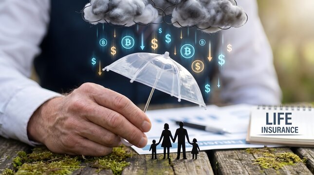 Life insurance financial protection concept shielding a family from cryptocurrency market volatility and economic crisis