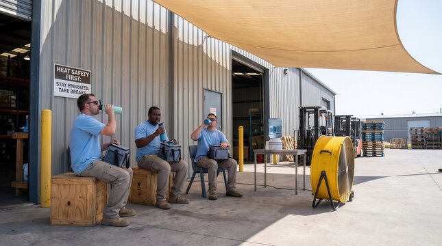 Warehouse Employees Take Break for Heatwave Safety and Hydration