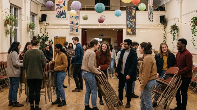 Youth Group Arranging Chairs for India's Independence Day Celebration Indoors