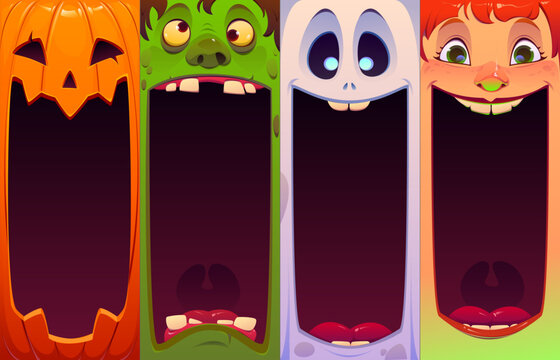 Halloween monster character faces. Vector pumpkin jack o lantern with wide grin, green rotten zombie, pale ghost face with blue eyes and witch with sharp teeth. Halloween banners with face and mouth