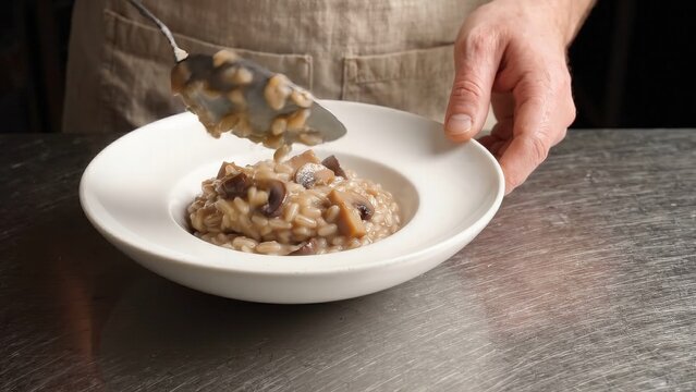 Chef in beige apron serves creamy mushroom risotto onto a white plate, then drizzles olive oil over the dish in a professional kitchen setting