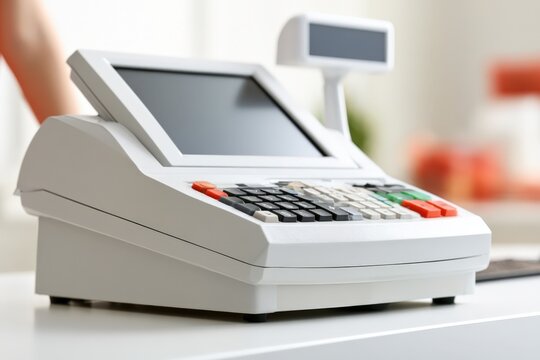 Modern cash register sits on white surface