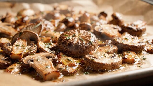 Sauteed mushrooms on a baking sheet with herbs and oil, showcasing a close-up view of the cooking process and rich textures in a kitchen setting