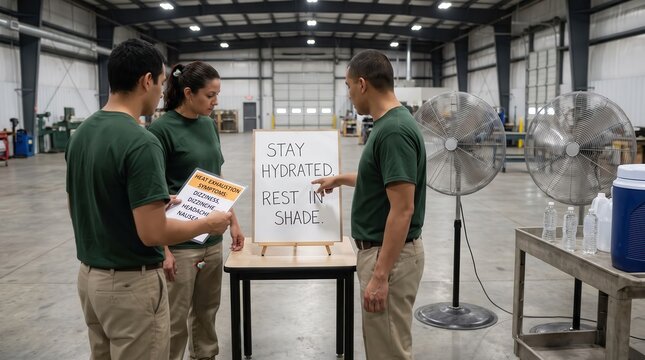 Workers Discuss Heatwave Safety Instructions Indoors