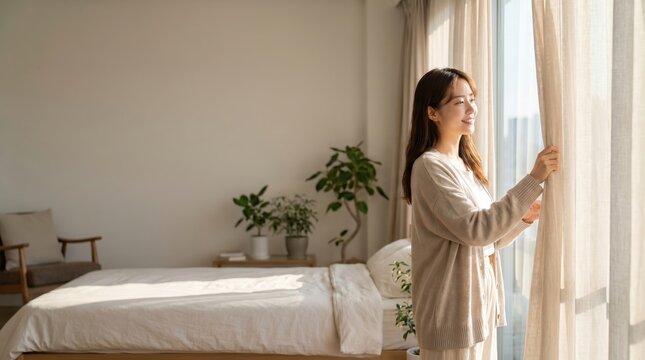 Young Woman Opens Curtains Welcoming Morning Light on World Lungs Day