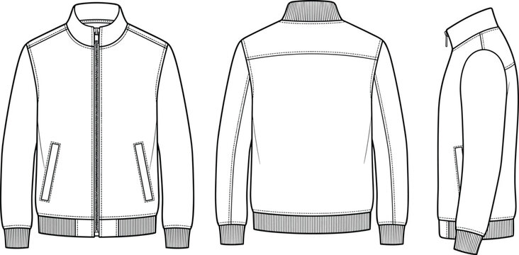 Blank men bomber jacket technical flat sketch vector illustration with front back and side views