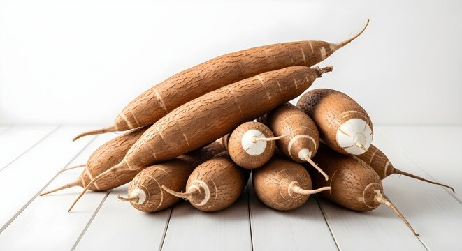 A pile of unprocessed cassava roots rests on a white wooden surface. Raw yuca roots are displayed on a light wood background, ready for cooking.