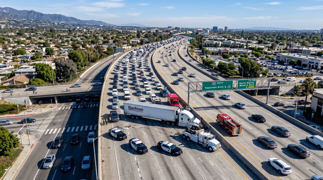 Rush Hour on the Freeway: A vast expanse of cars and trucks inch along a multi-lane freeway, caught in the gridlock of a bustling city during peak hours.