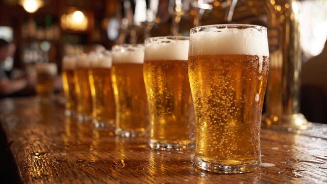 Row of Frothy Beer Glasses Lined Up on a Bar Counter