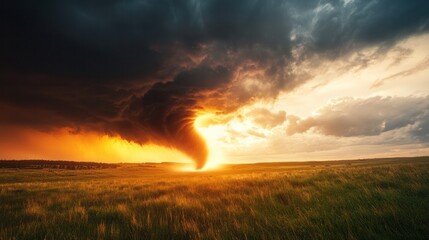 Fototapeta premium Fierce Tornado at Sunset: A powerful tornado churns across a vast, grassy plain, illuminated by the dramatic golden and orange hues of a setting sun, casting ominous shadows.