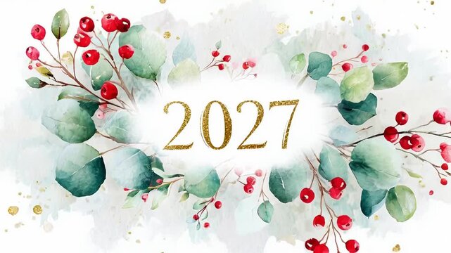 Elegant floral new year animation with glittering gold 2027 text and watercolor berries