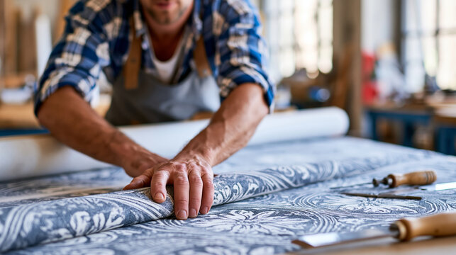 Faceless manual worker upholstering furniture at a workshop, furniture upholstery, manual craftsmanship, workshop tools, artisan work, manufacturing detail, with copy space