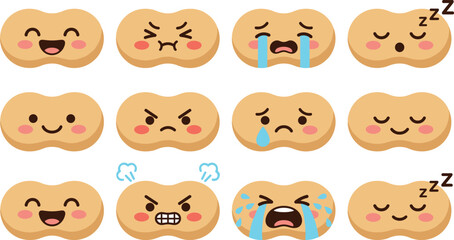 Fototapeta premium Cute Peanut Character Emoticon Icon Set Featuring Happy, Angry, Crying, and Sleeping Food Mascot Expressions for Mobile App Sticker Designs