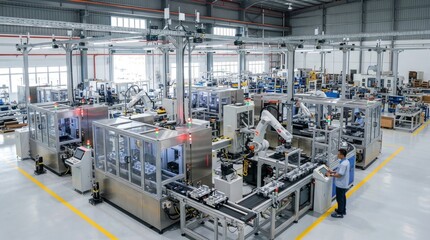 Fototapeta premium Malaysia smart factory with automated machining cells, industrial IoT gateways, 5G antennas and predictive analytics sensors on a modern production floor.