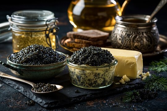 Dramatic dark background shot of precision fermentation products arranged as luxury food items, lab-grown caviar and cultured butter, future delicacy concept